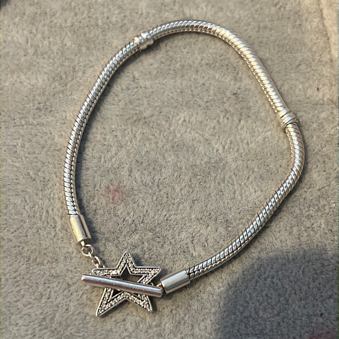 Genuine Pandora Asymmetrical T-Bar Pave Star Bracelet 19cm