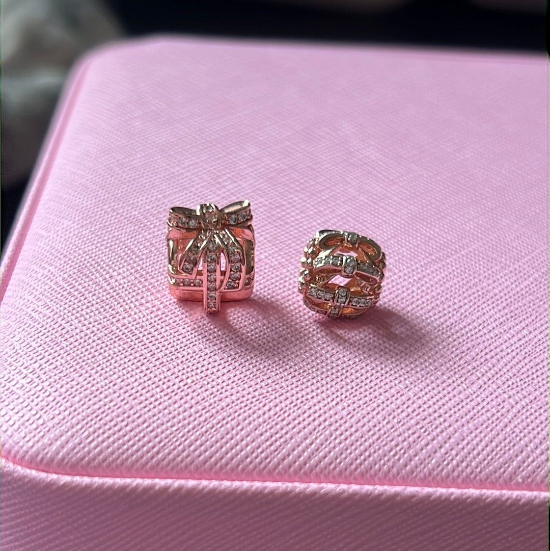 Sterling Silver Rose Gold Sparkling Pair of Pave Charms