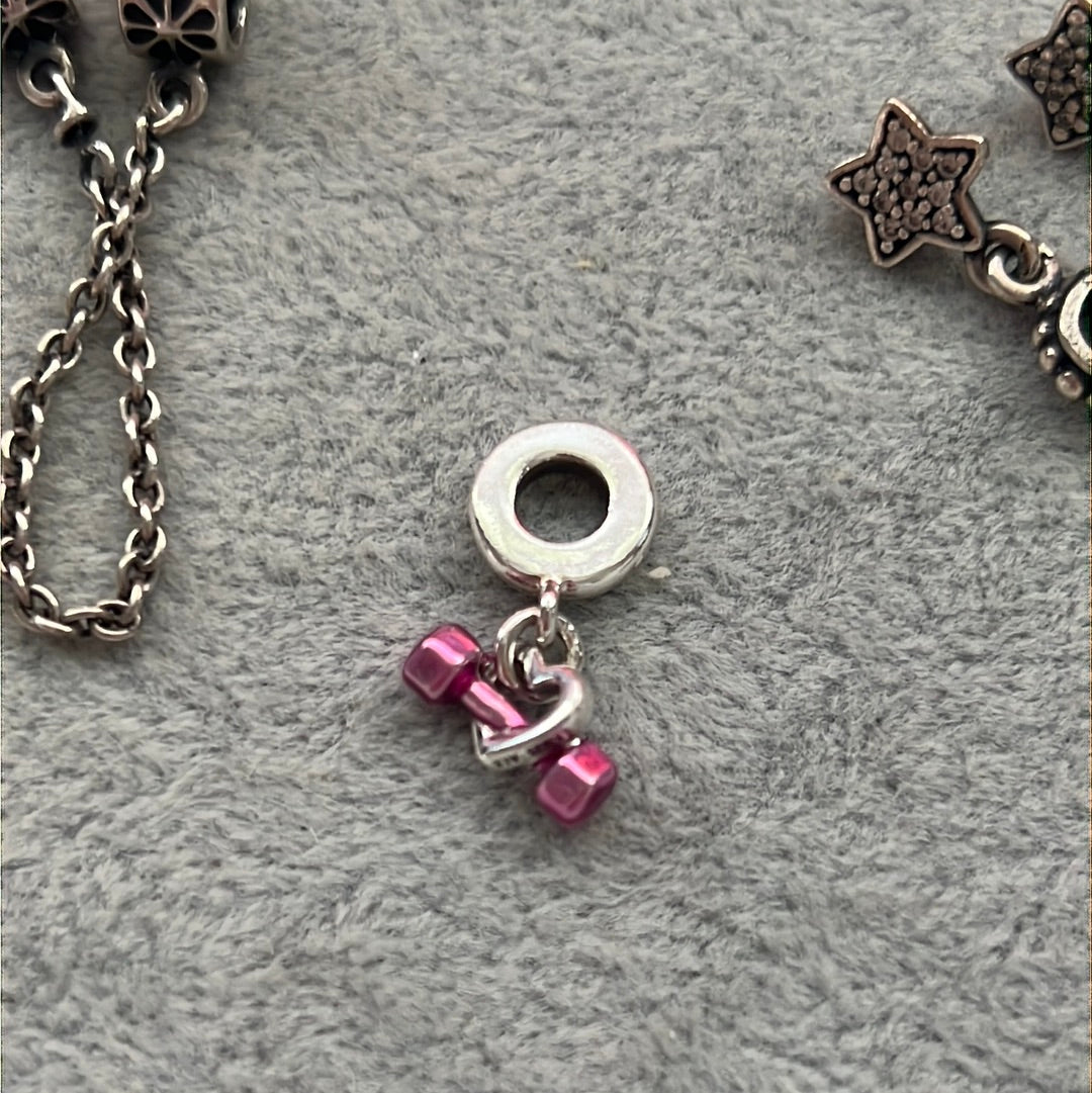 Genuine Pandora Pink Dumbbell and Heart Dangle Charm