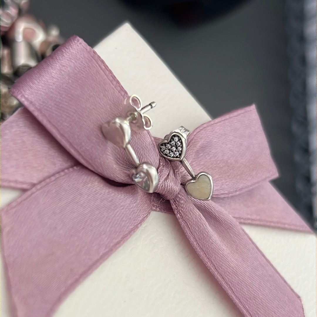 Genuine Pandora Enamel, Plain and Pave Heart Small Drop Earrings