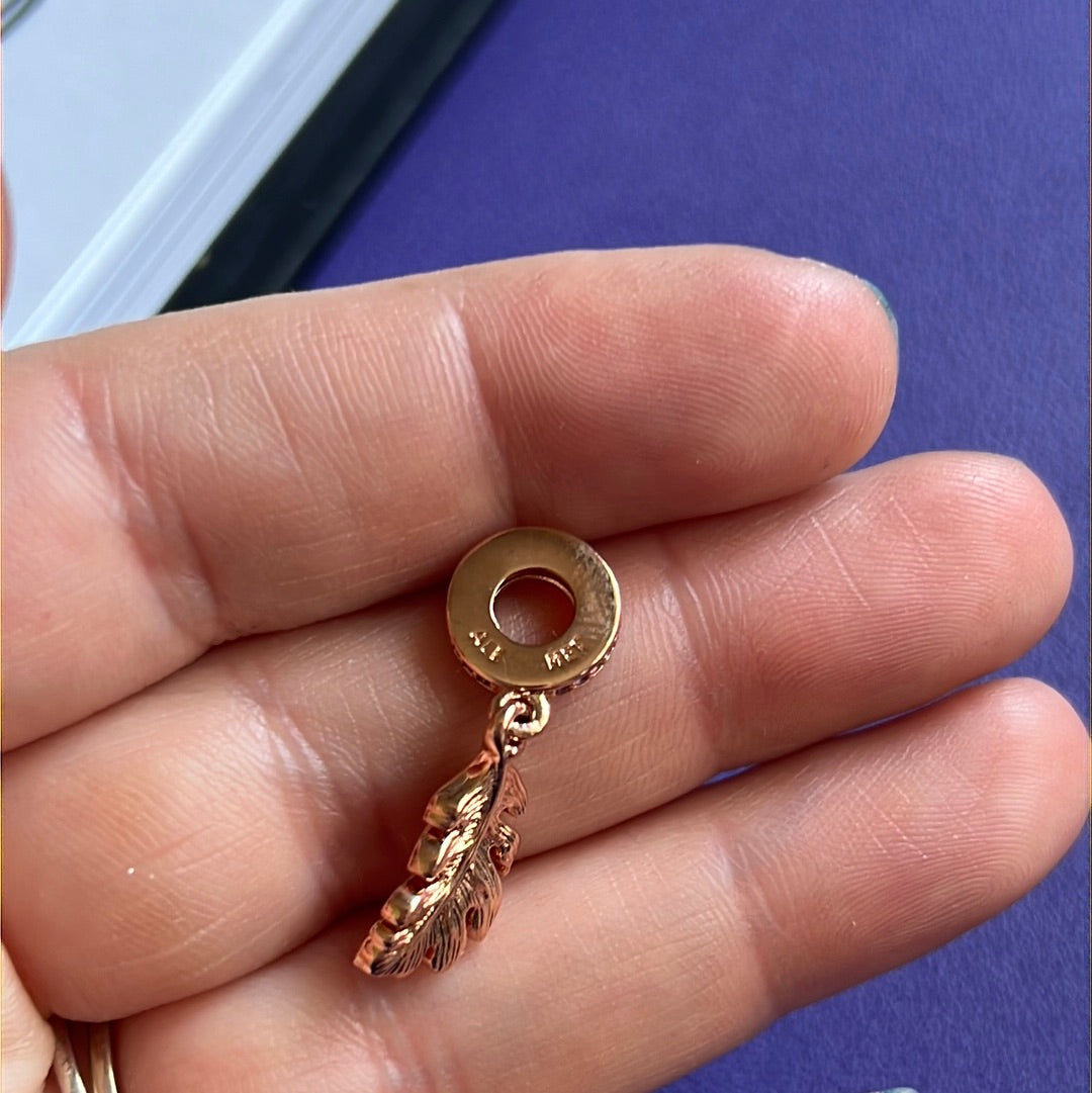 Genuine Pandora Rose Gold Leaf Pave Dangle Pink CZ