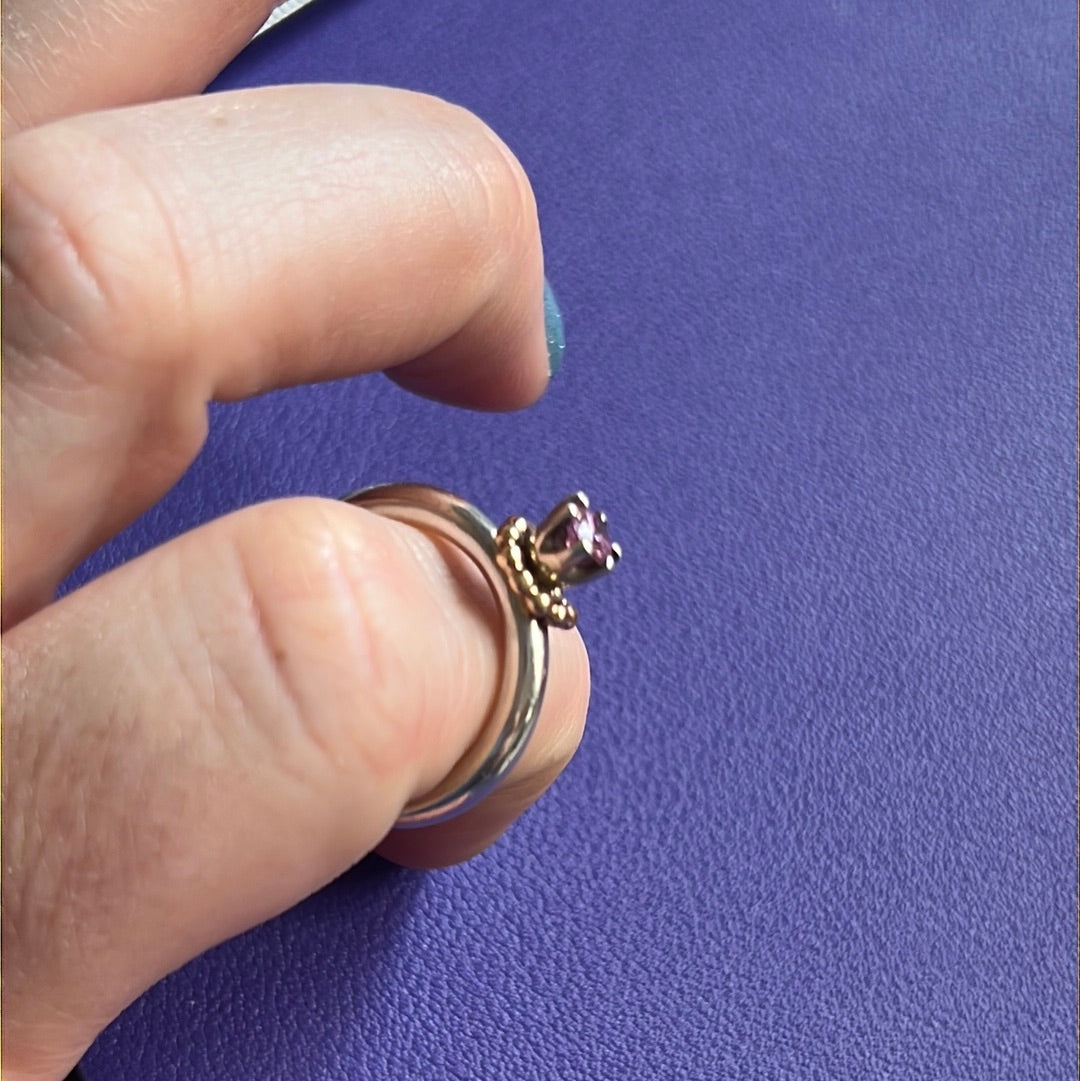 Pandora VERY RARE Vintage Pink Stone Oxidised Ring Rare with 14K Beaded Gold Hoop Circle