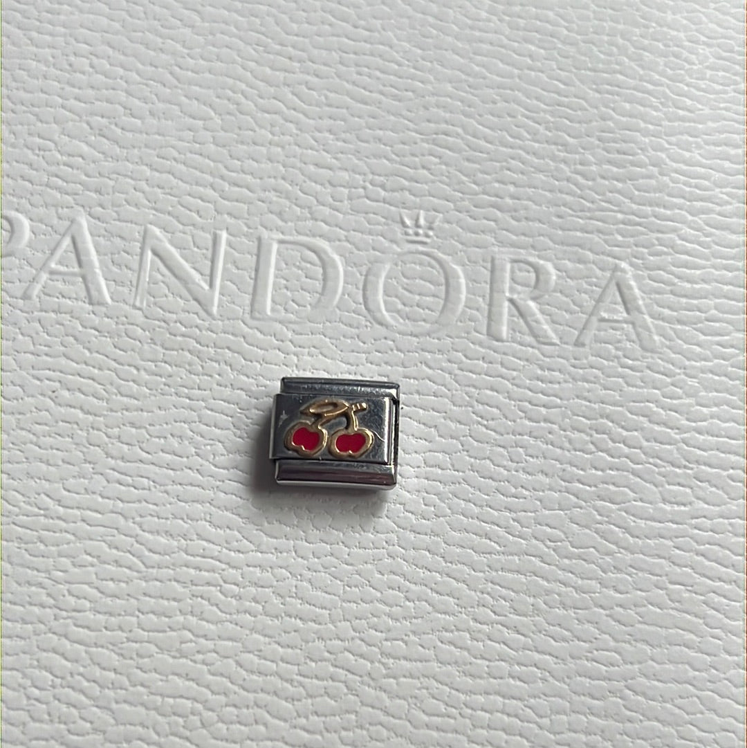 Genuine Nomination Silver Link Charm Two Tone Enamel Cherries Cherry