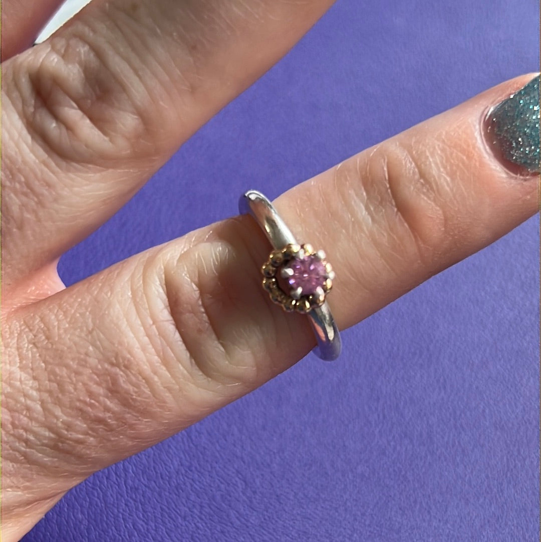 Pandora VERY RARE Vintage Pink Stone Oxidised Ring Rare with 14K Beaded Gold Hoop Circle