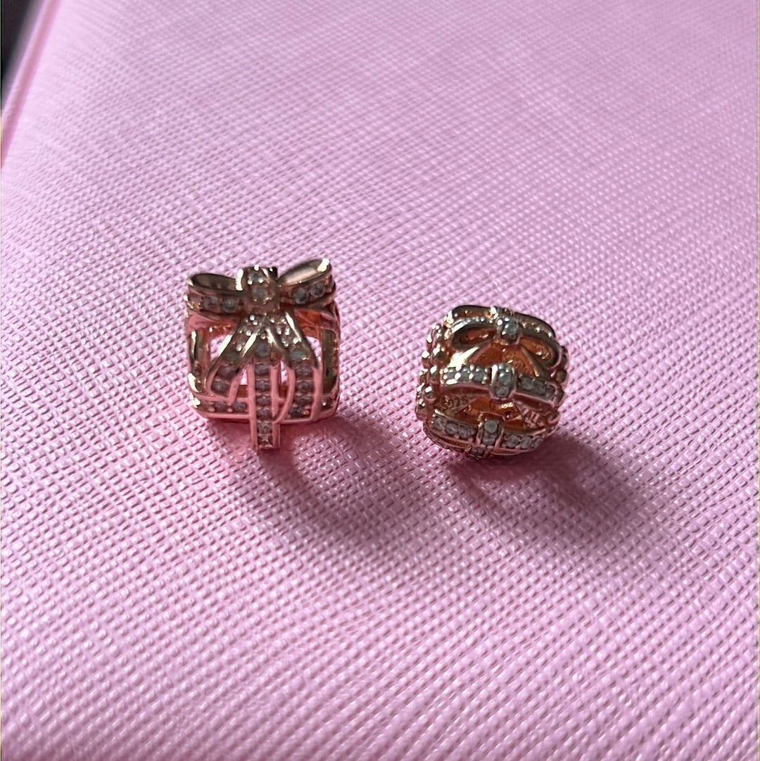 Sterling Silver Rose Gold Sparkling Pair of Pave Charms
