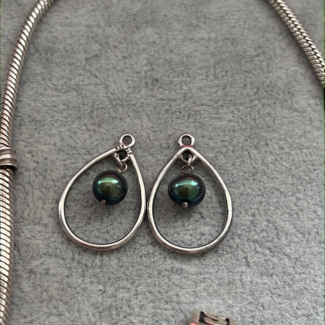 Genuine Pandora Silver Dangle Earring Charms Teal Pearl (Compose)