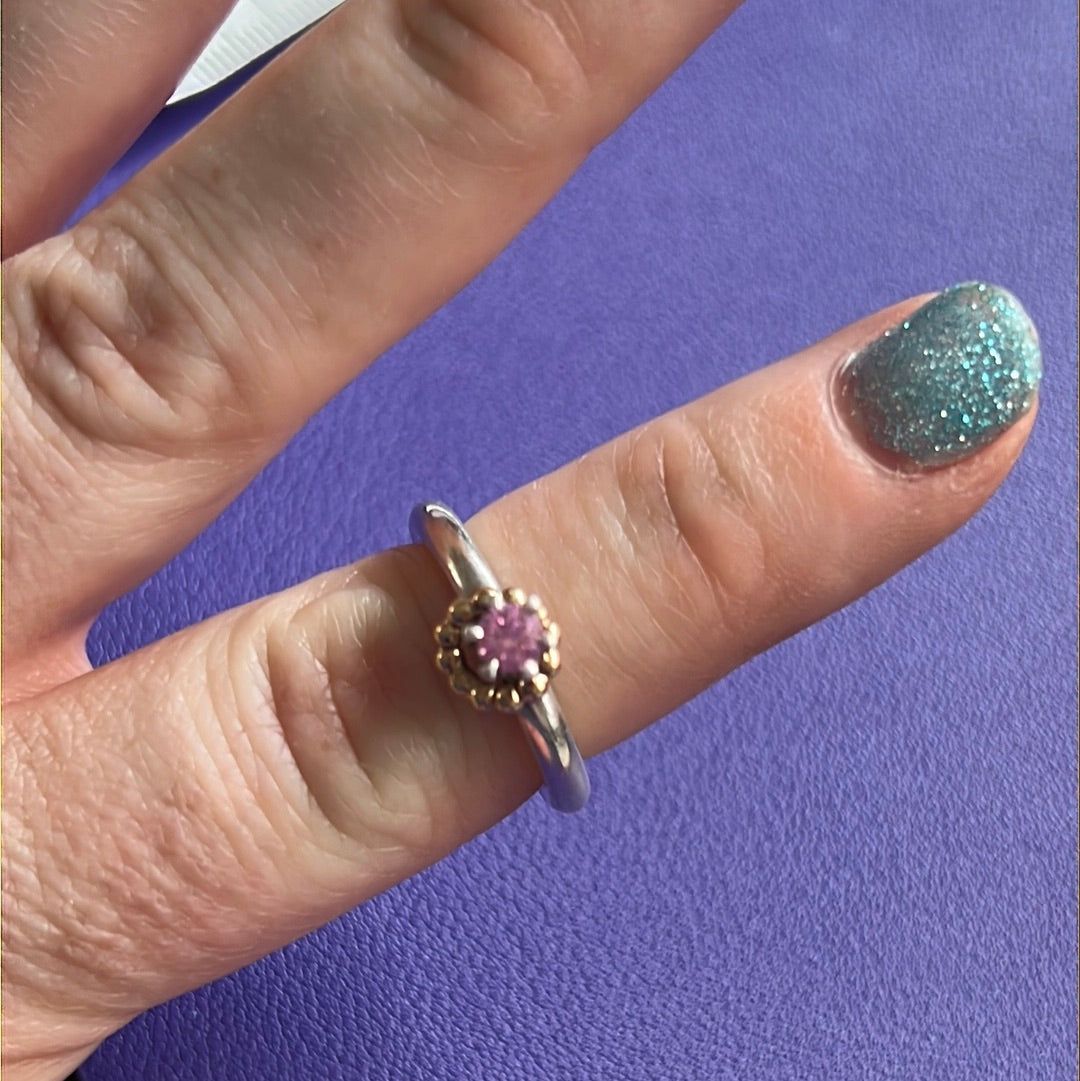 Pandora VERY RARE Vintage Pink Stone Oxidised Ring Rare with 14K Beaded Gold Hoop Circle