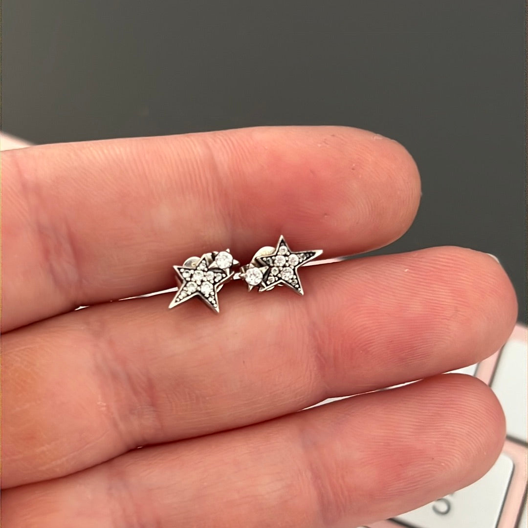 Genuine Pandora Asymmetrical Star Pave Earrings Studs
