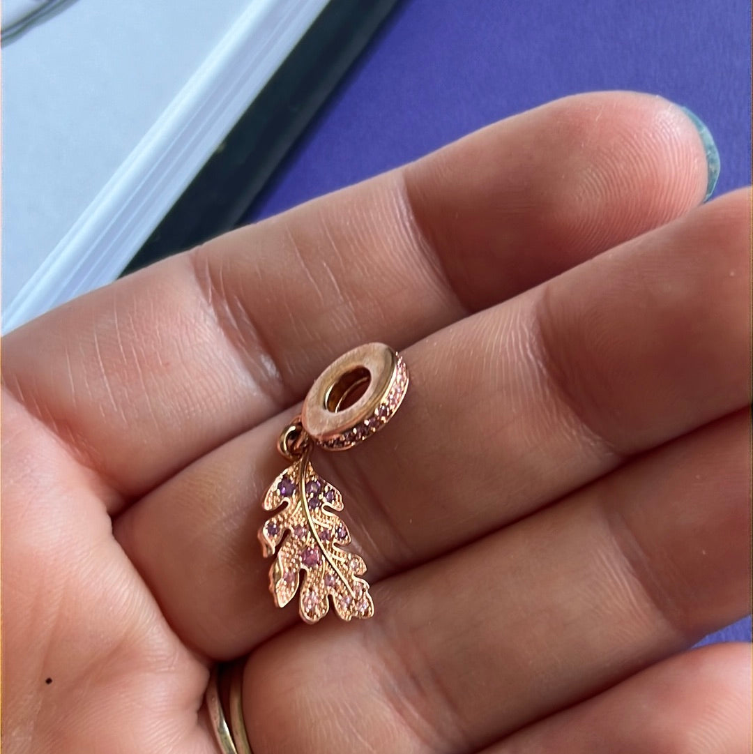 Genuine Pandora Rose Gold Leaf Pave Dangle Pink CZ