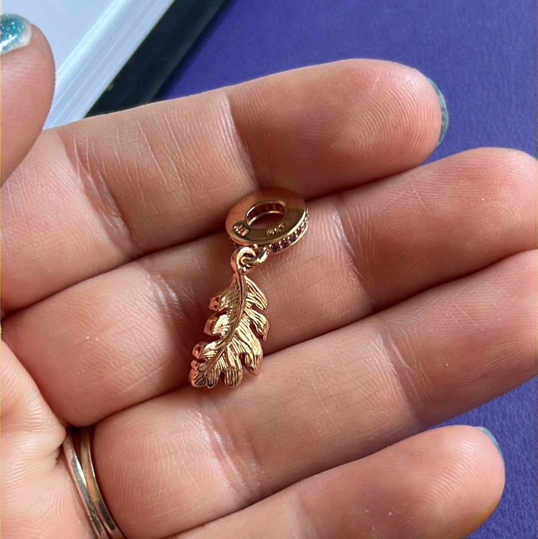 Genuine Pandora Rose Gold Leaf Pave Dangle Pink CZ