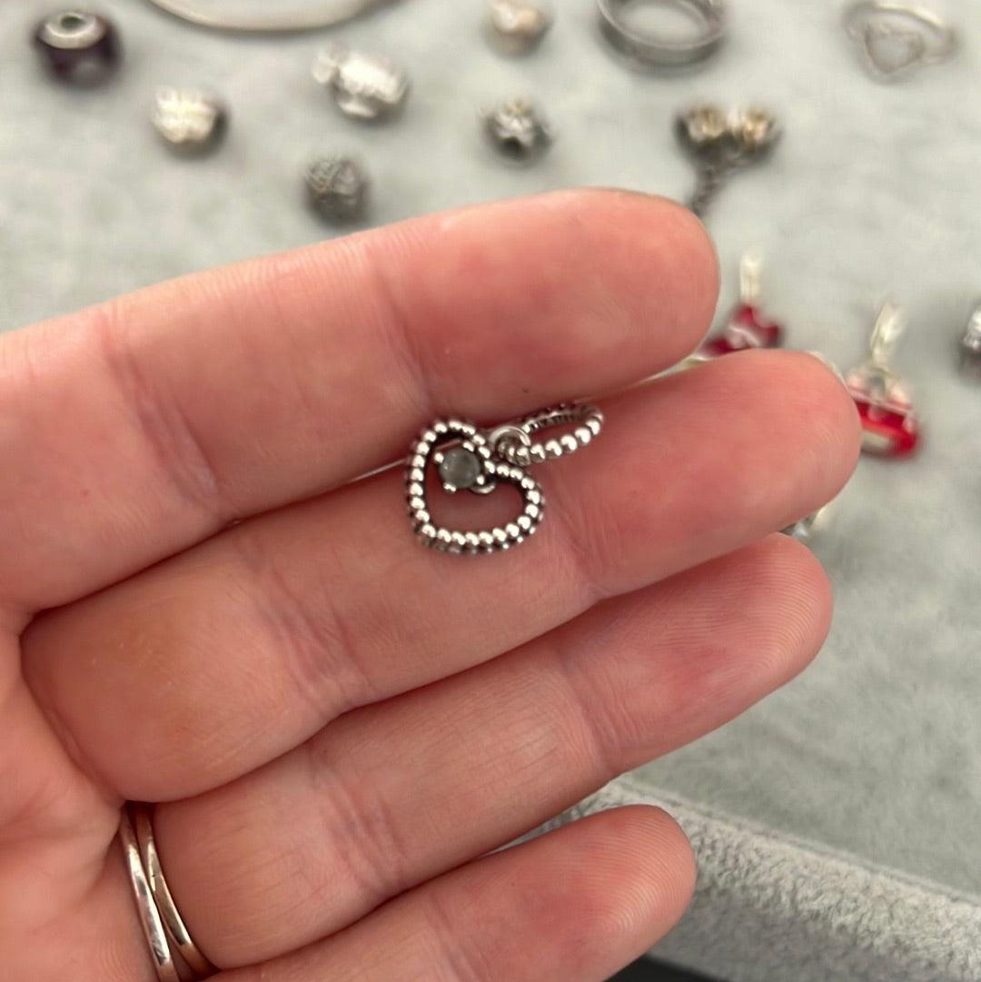 Genuine Pandora Grey Birthstone Beaded Heart Dangle