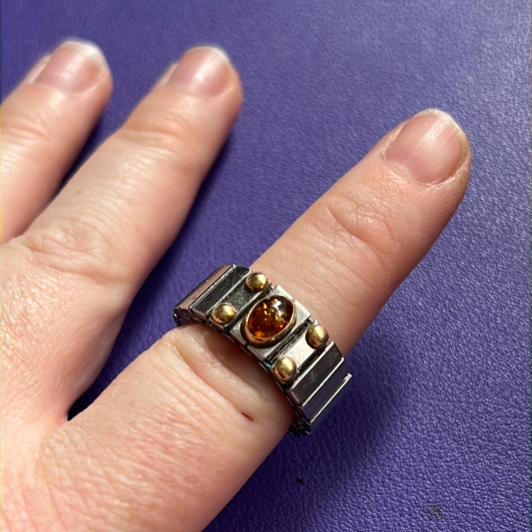 Genuine Nomination Silver Link Stretch Ring Two Tone Fire Opal