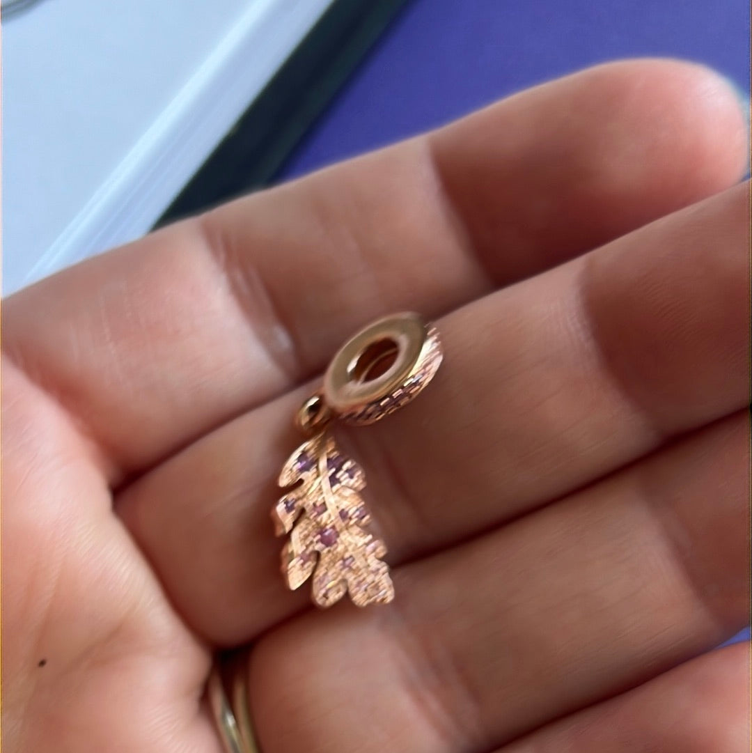 Genuine Pandora Rose Gold Leaf Pave Dangle Pink CZ