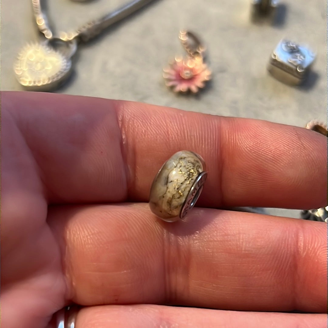 Genuine Chamilia Murano Glass Charm Cream and Gold Glitter Marble Effect