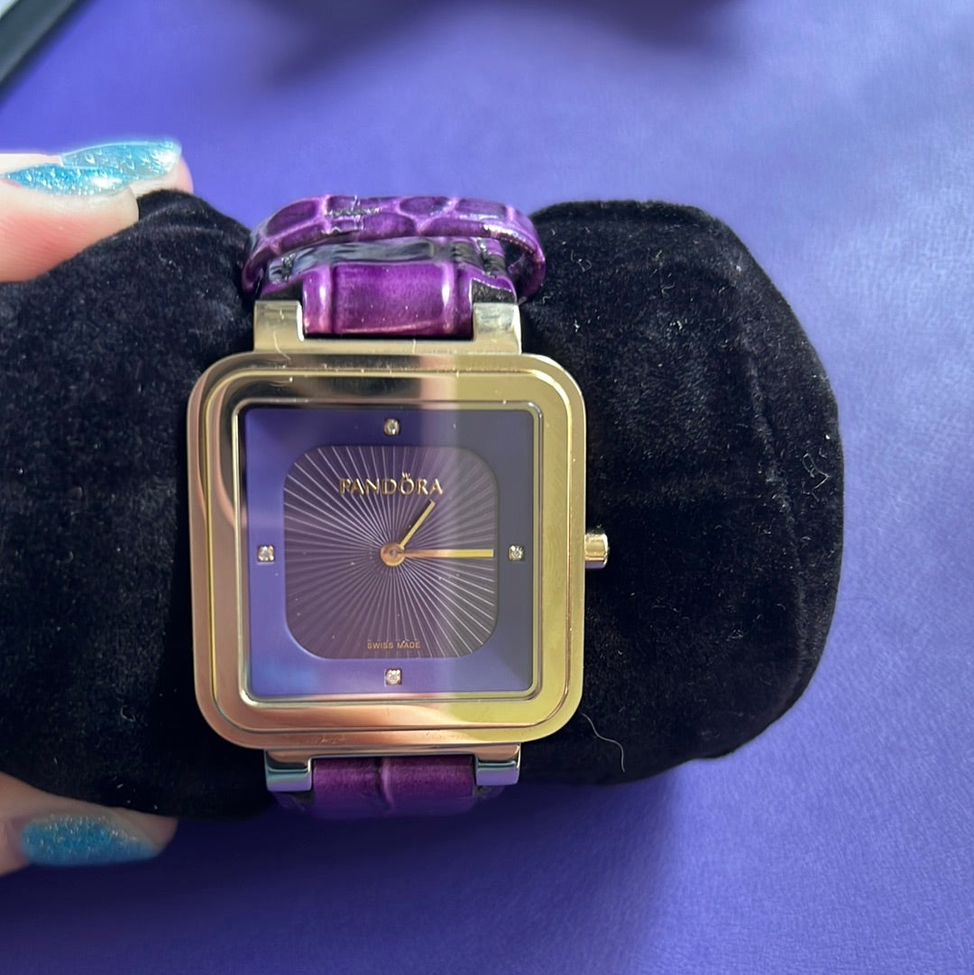 Genuine Pandora Gold Hardware Watch with Purple Leather Strap Perfect