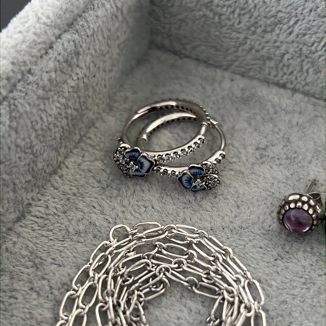 Genuine Pandora Pave Blue Pansy Flower Hoop Earrings