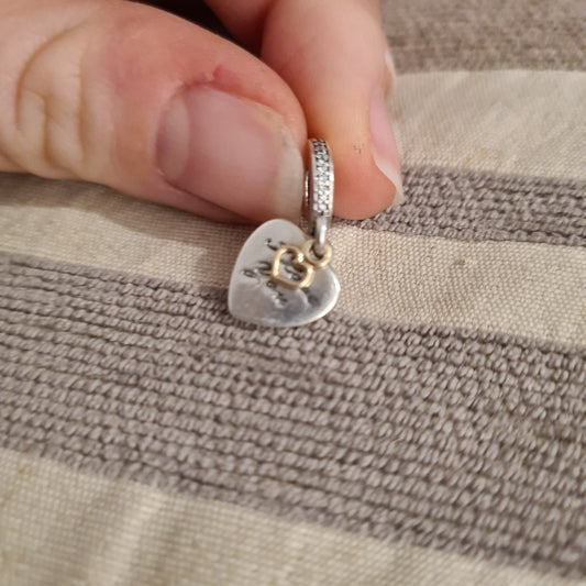 Genuine Pandora Two Tone Heart Dangle with Wording I Love You Forever