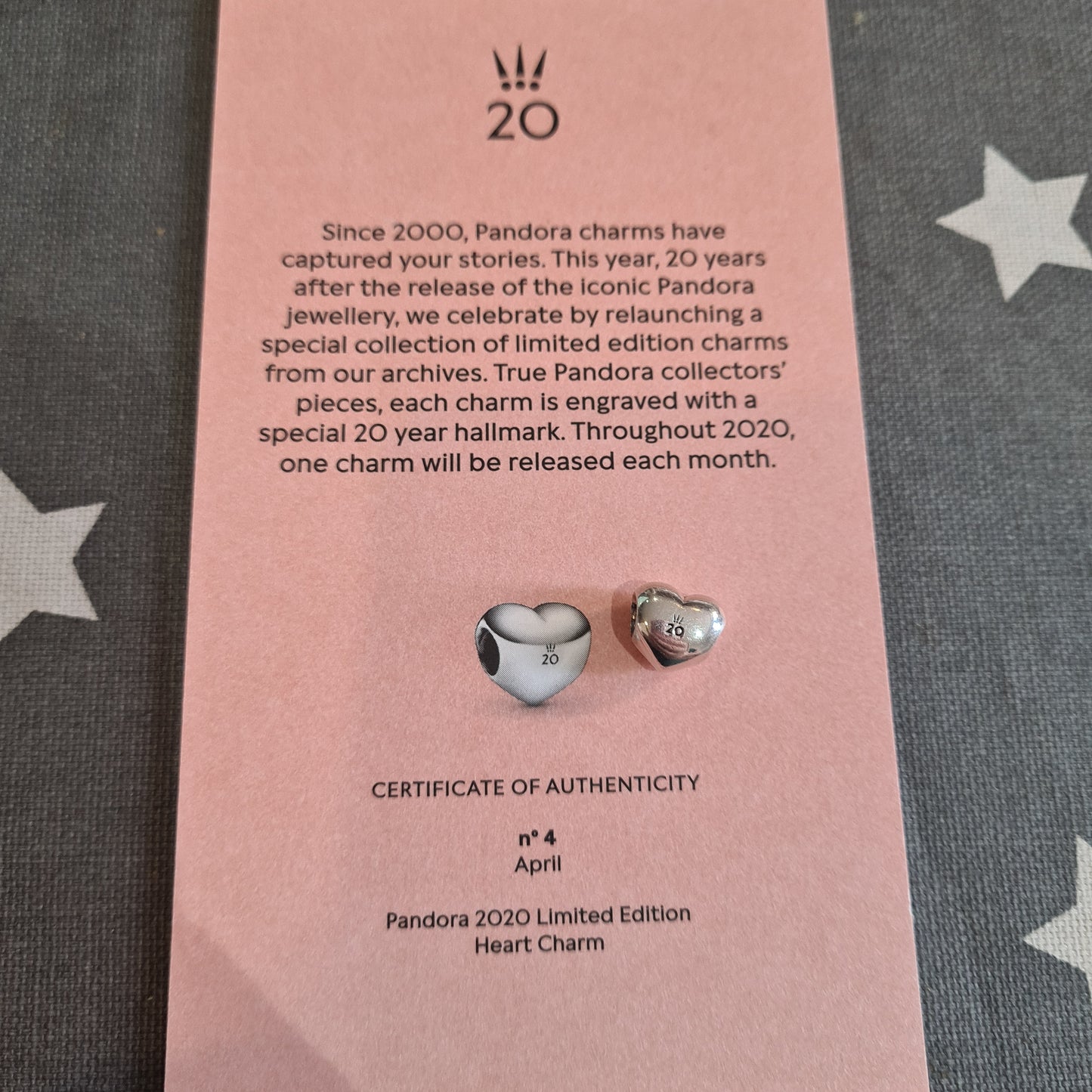 Genuine Pandora 20th Anniversary Puffed Heart NO Certificate No.4 April