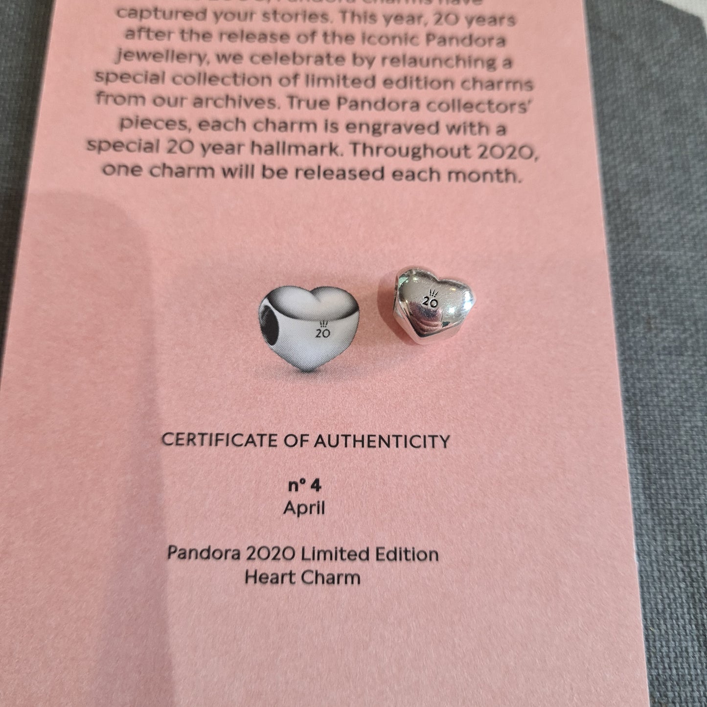 Genuine Pandora 20th Anniversary Puffed Heart NO Certificate No.4 April
