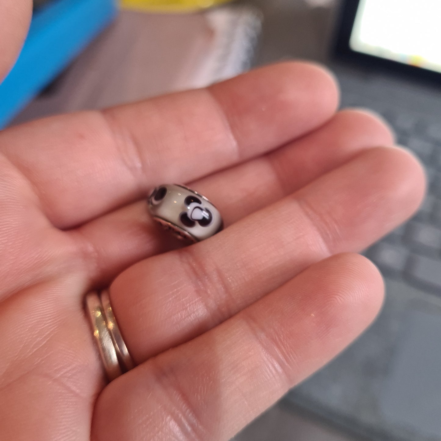 Genuine Pandora White Murano Glass charm With Black and White Flowers