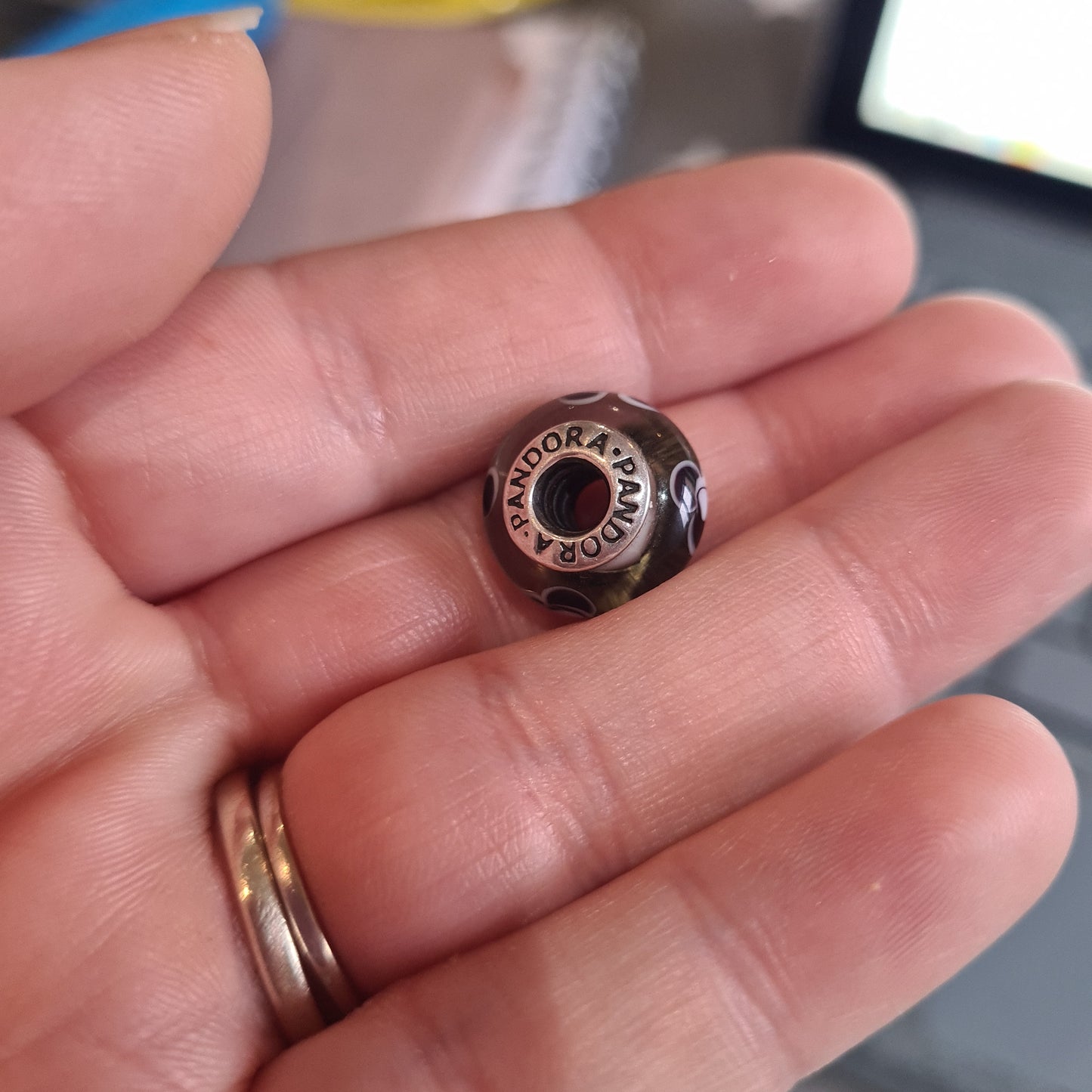 Genuine Pandora White Murano Glass charm With Black and White Flowers