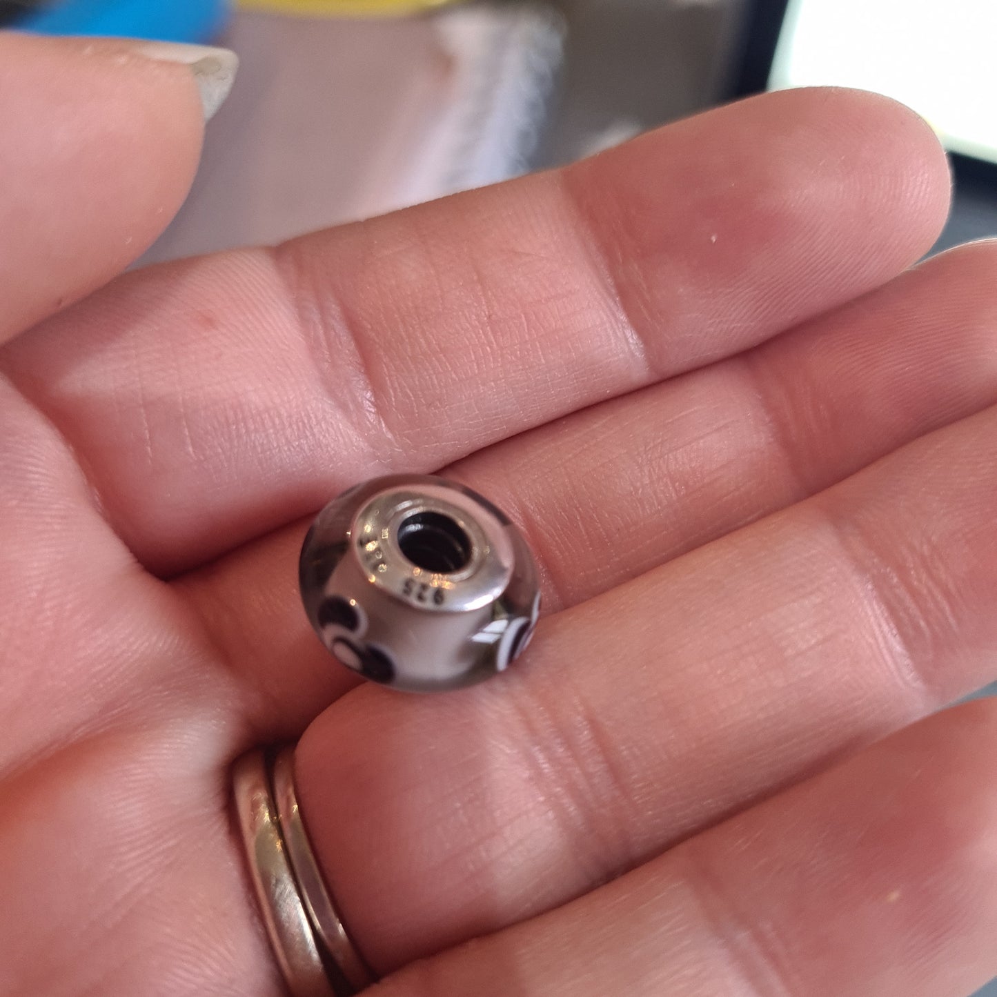 Genuine Pandora White Murano Glass charm With Black and White Flowers