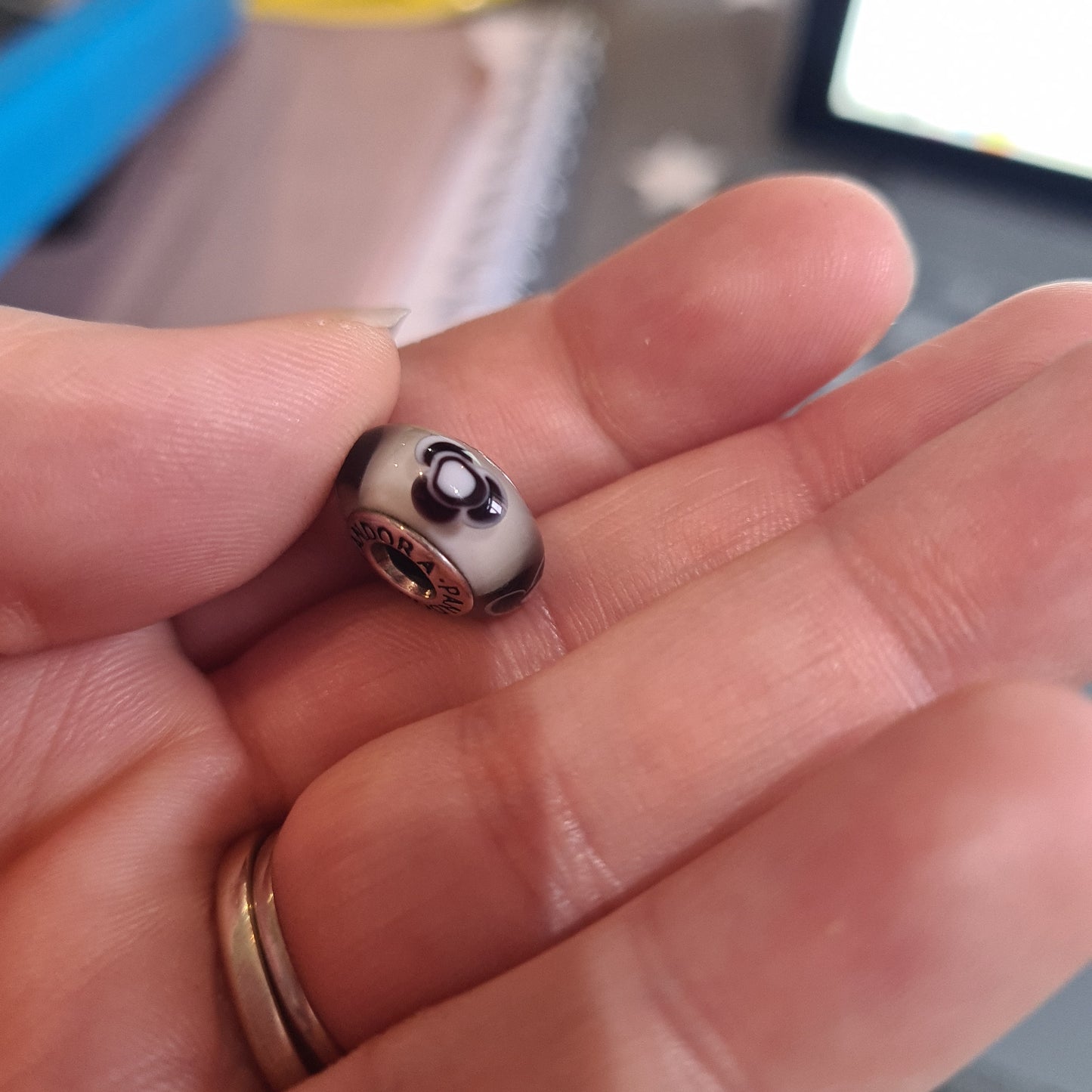 Genuine Pandora White Murano Glass charm With Black and White Flowers