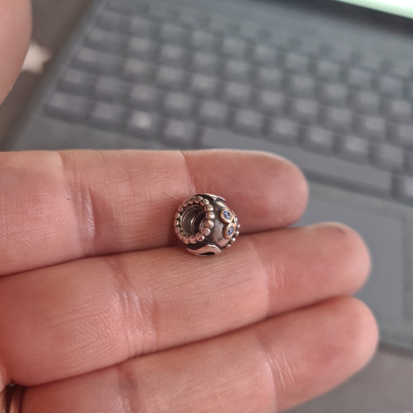 Genuine Pandora Dad Heart Charm With Gold and Blue CZ Stone Two Tone Rare