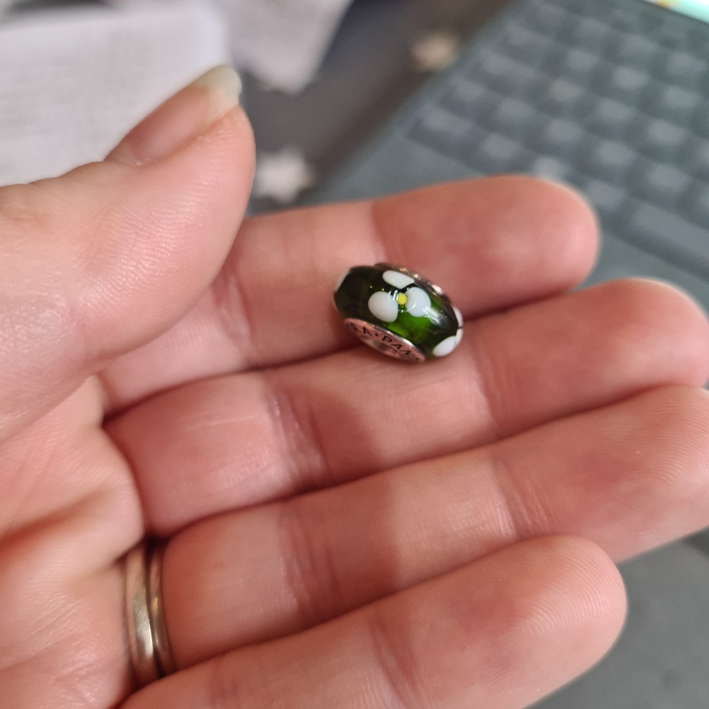 Genuine Pandora Green Murano Glass Charm with White and Yellow Flowers