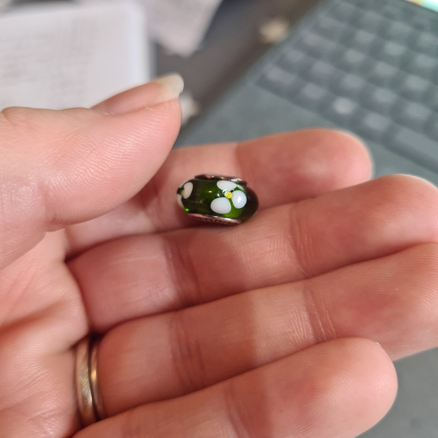 Genuine Pandora Green Murano Glass Charm with White and Yellow Flowers