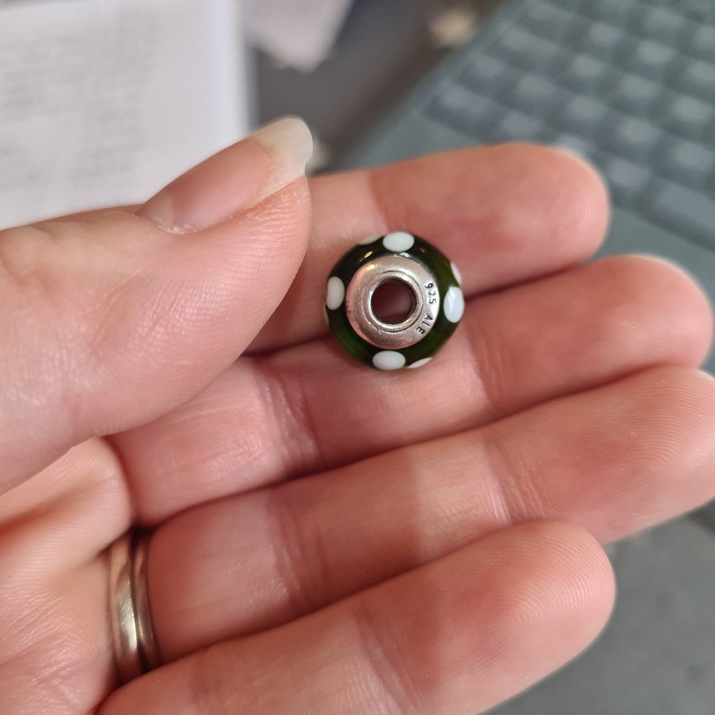 Genuine Pandora Green Murano Glass Charm with White and Yellow Flowers