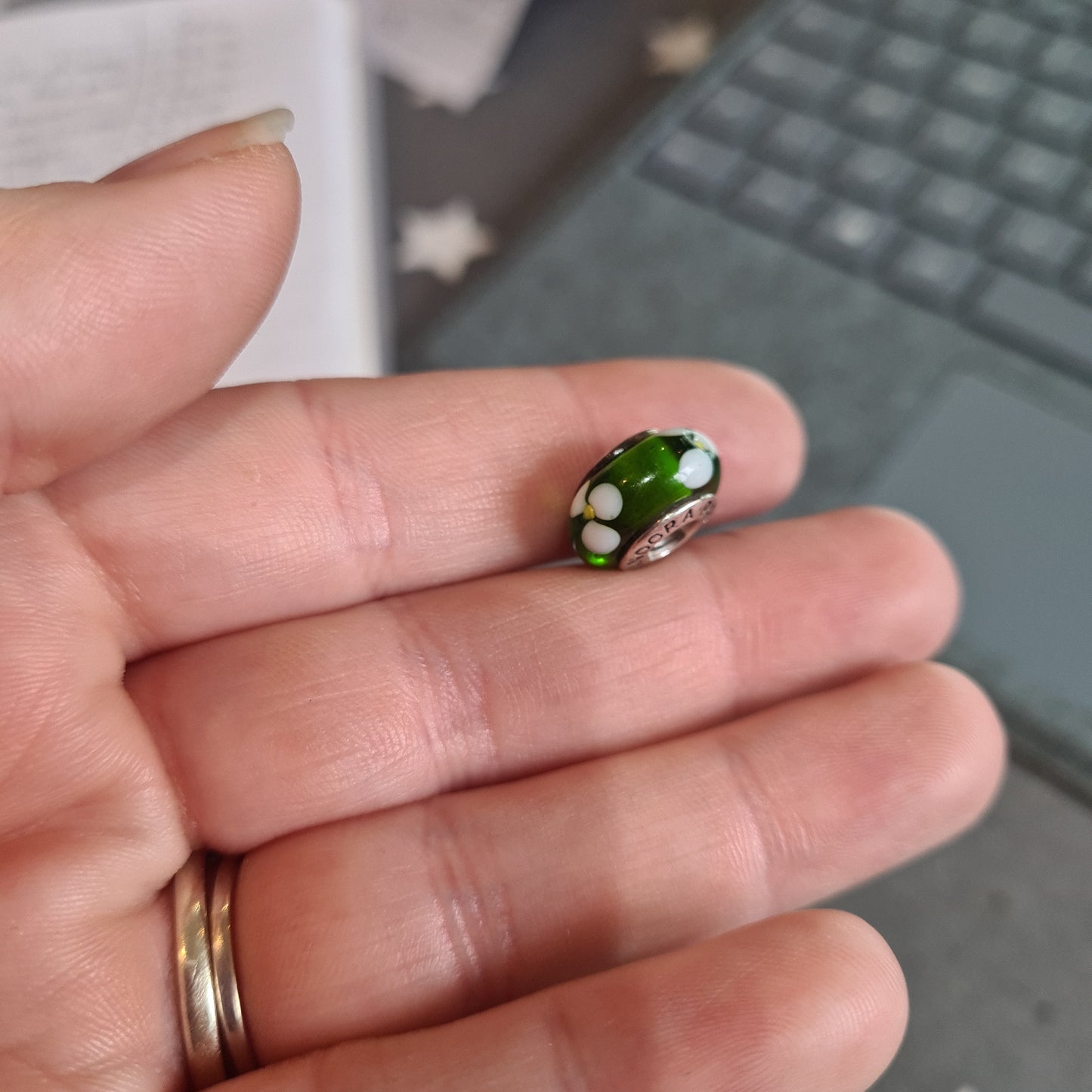 Genuine Pandora Green Murano Glass Charm with White and Yellow Flowers