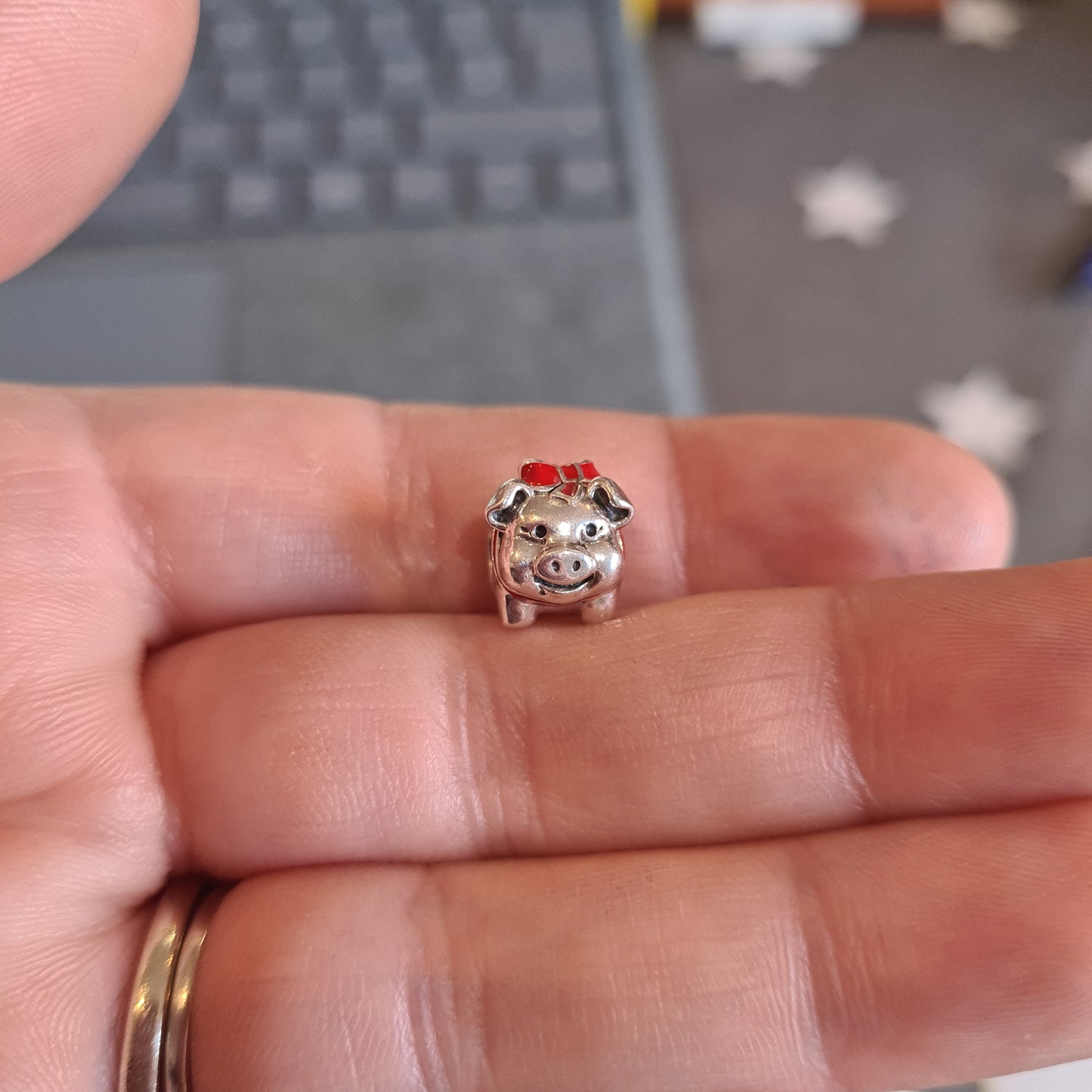 Genuine Pandora Pig with Enamel Bow Chinese Piggy Bank Rare