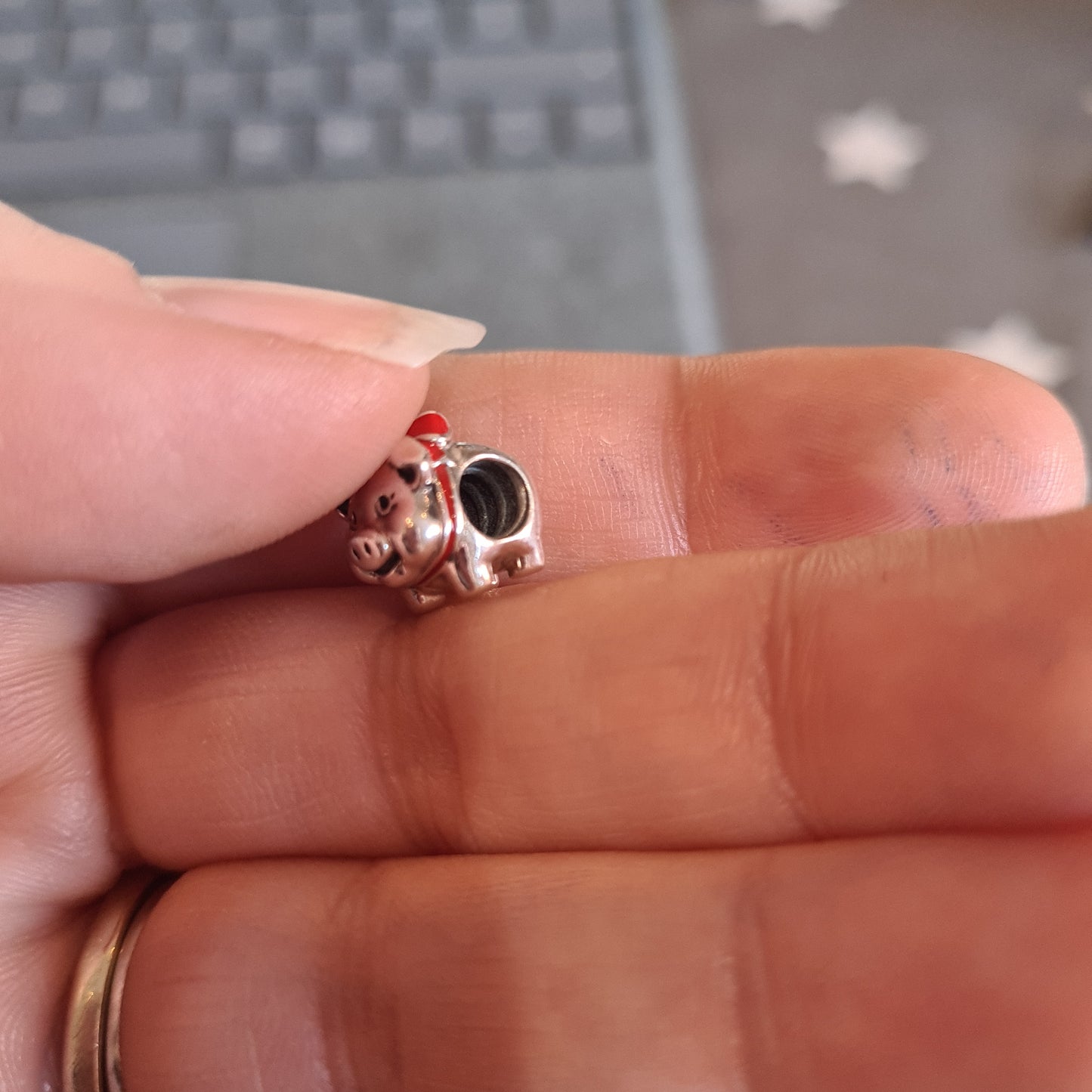 Genuine Pandora Pig with Enamel Bow Chinese Piggy Bank Rare