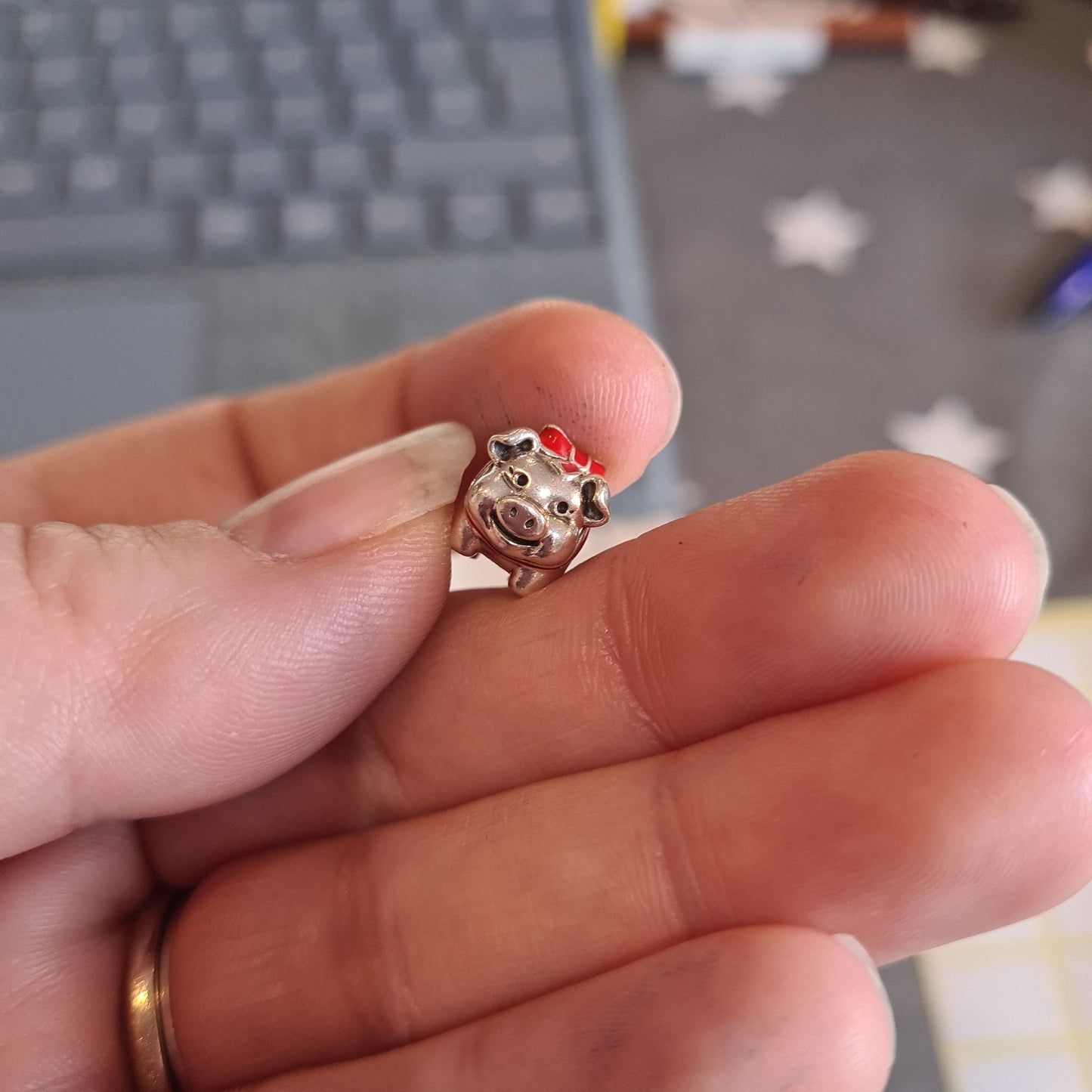 Genuine Pandora Pig with Enamel Bow Chinese Piggy Bank Rare