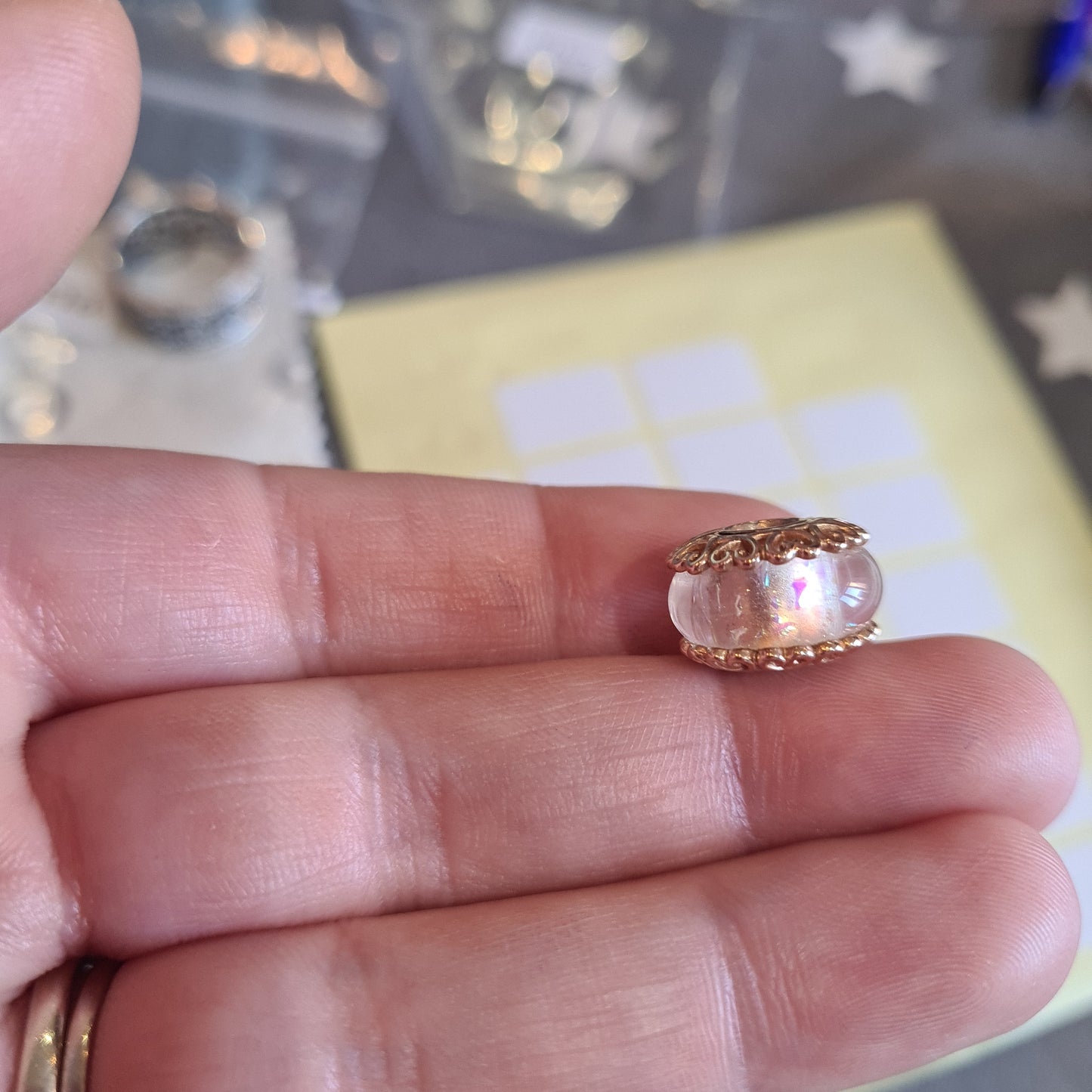 Genuine Pandora Rose Gold Iridescent Glitter White Murano Charm