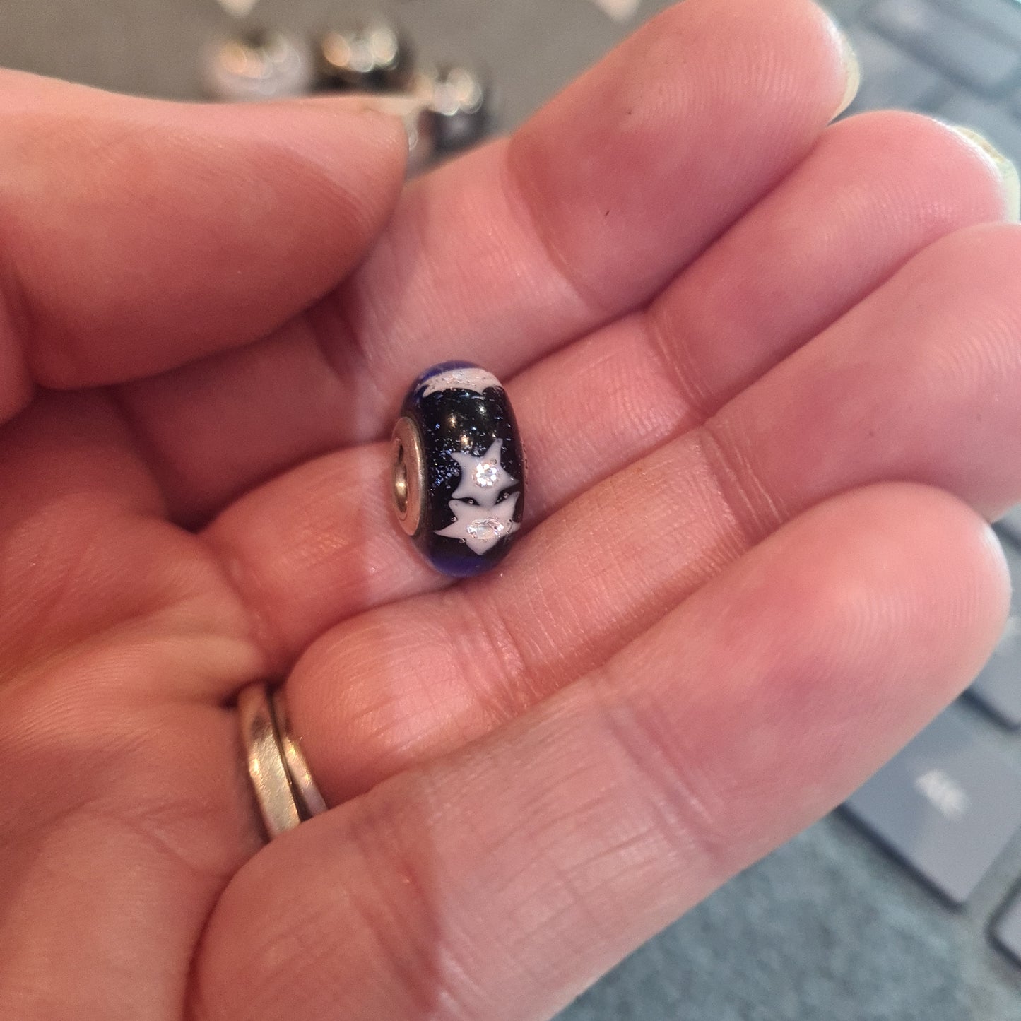 Genuine Pandora Navy Murano with White Star Murano With Glitter Glass Charm