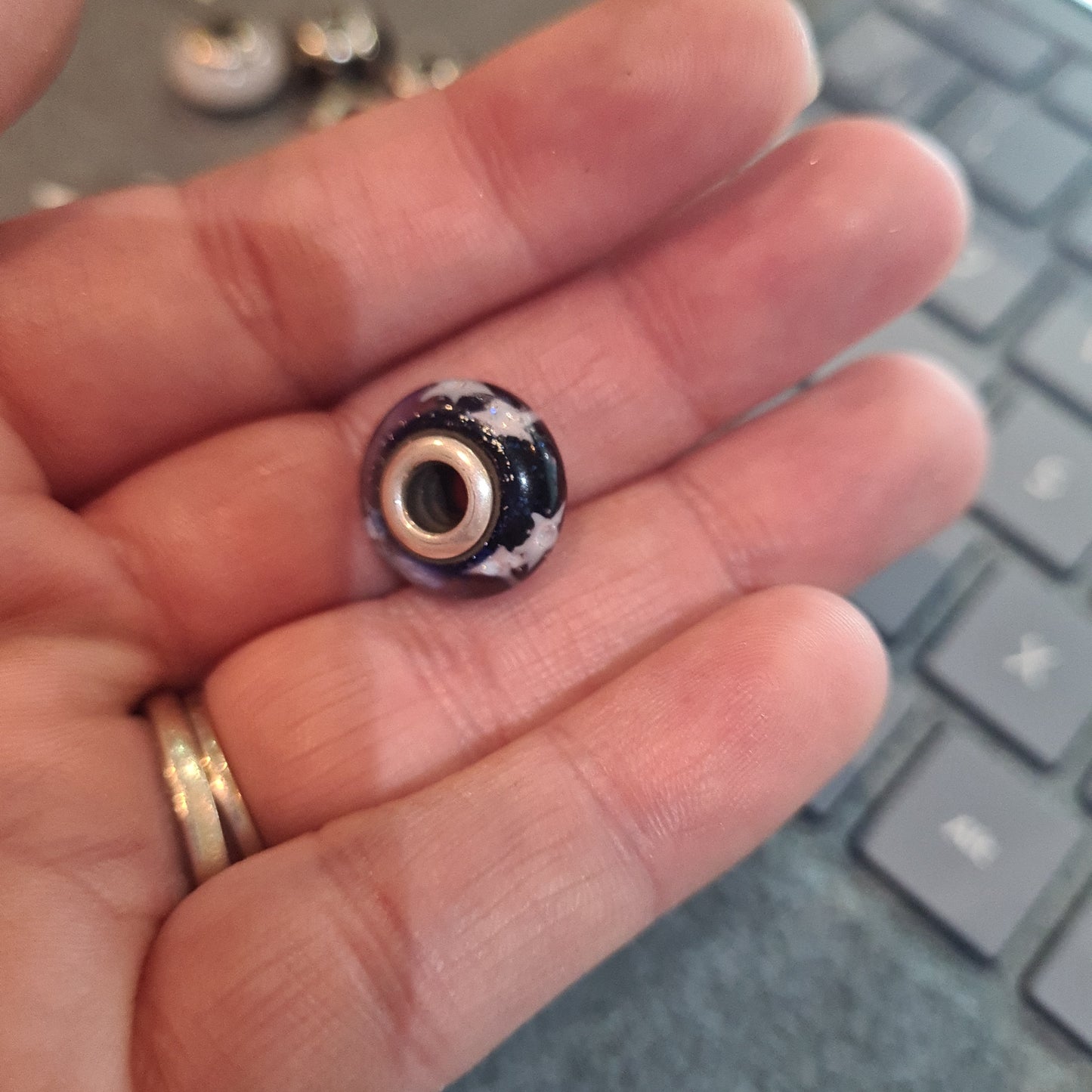 Genuine Pandora Navy Murano with White Star Murano With Glitter Glass Charm
