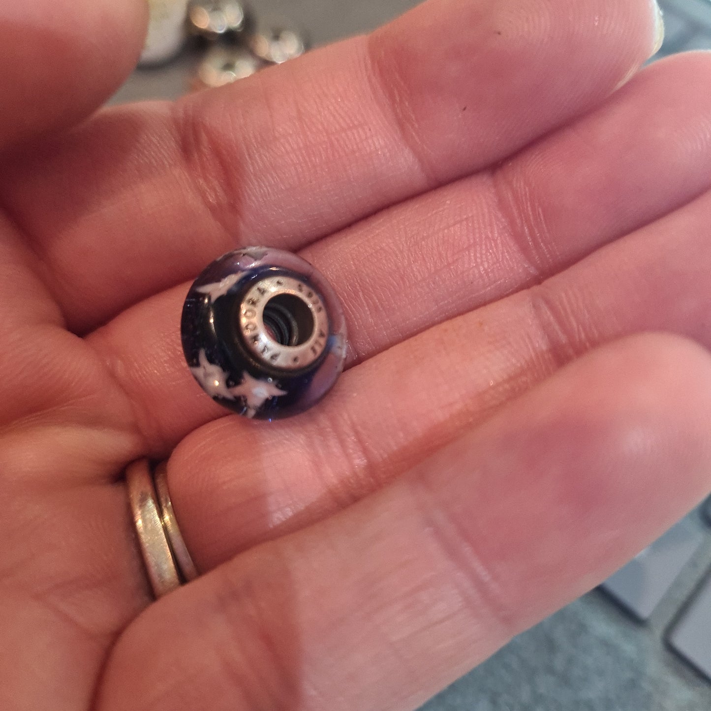 Genuine Pandora Navy Murano with White Star Murano With Glitter Glass Charm