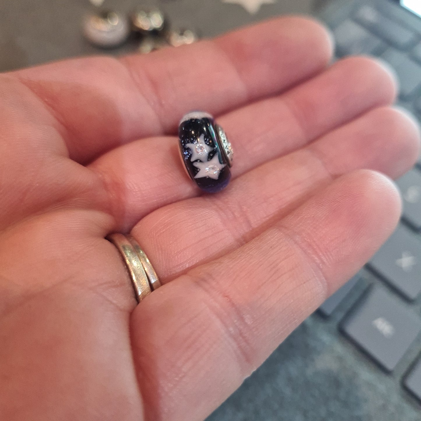 Genuine Pandora Navy Murano with White Star Murano With Glitter Glass Charm