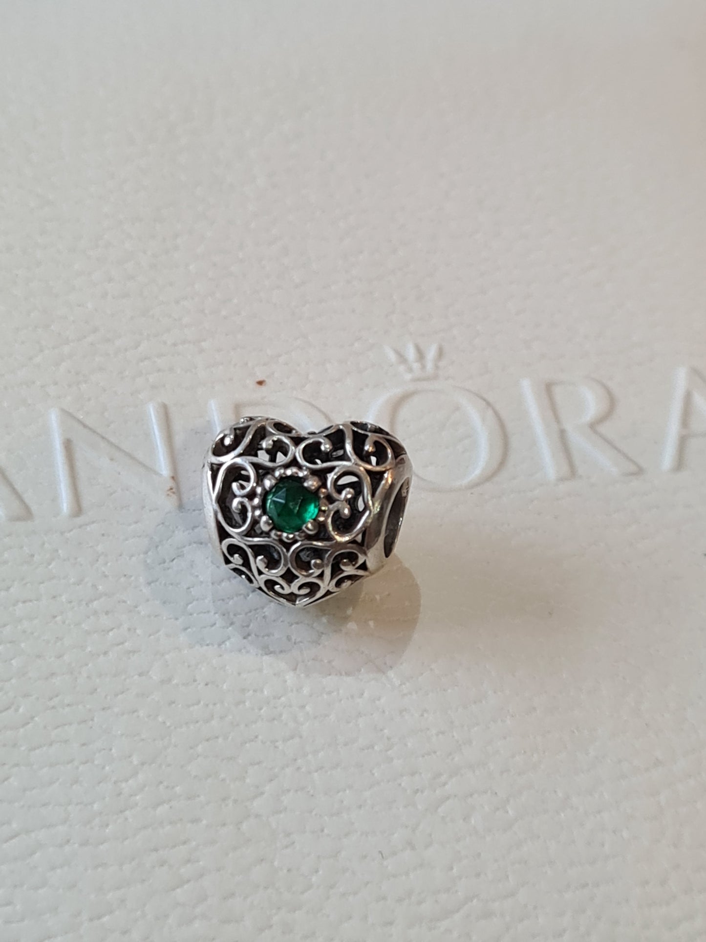 Genuine Pandora May  Green Birthstone Openwork Heart Charm