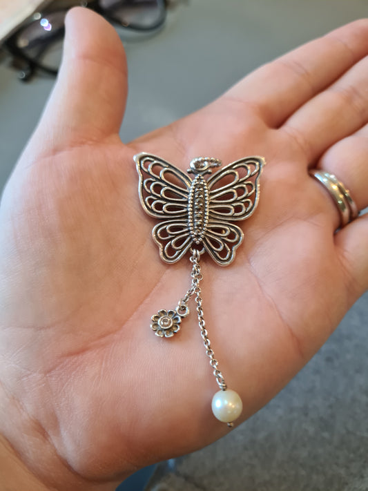 Genuine Pandora Rare Large Butterfly Necklace Pendant Marcasite READ