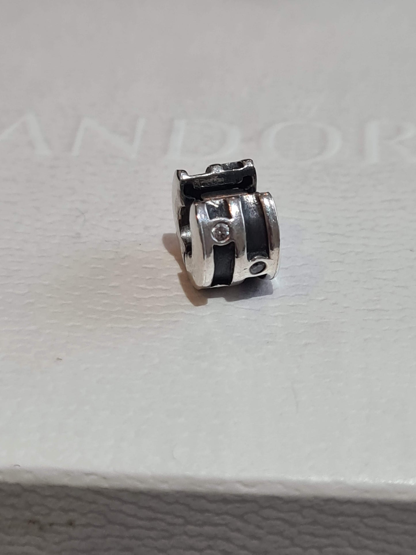 Genuine Pandora Sparkling Clip Charm with Black Lines and Small Cz in Clear SALE
