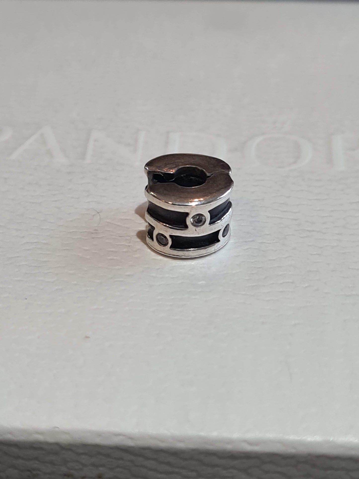 Genuine Pandora Sparkling Clip Charm with Black Lines and Small Cz in Clear SALE