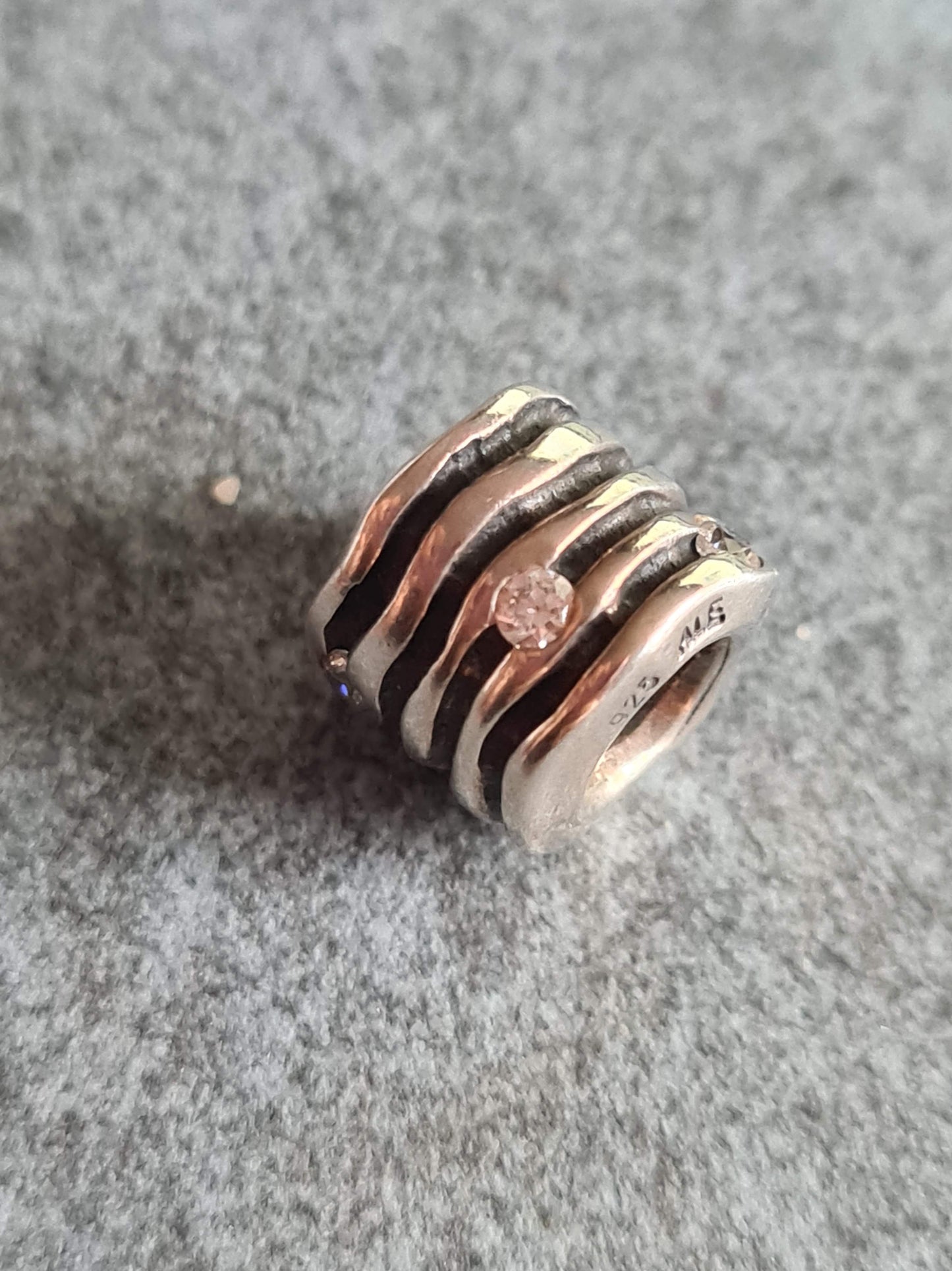 Genuine Pandora Wavy Line Oxidised Cz Clear Stone Barrel Charm