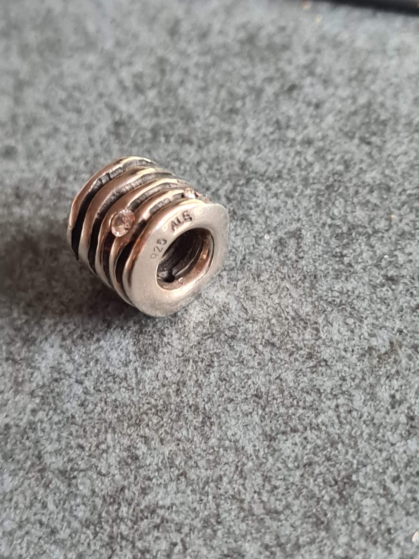 Genuine Pandora Wavy Line Oxidised Cz Clear Stone Barrel Charm