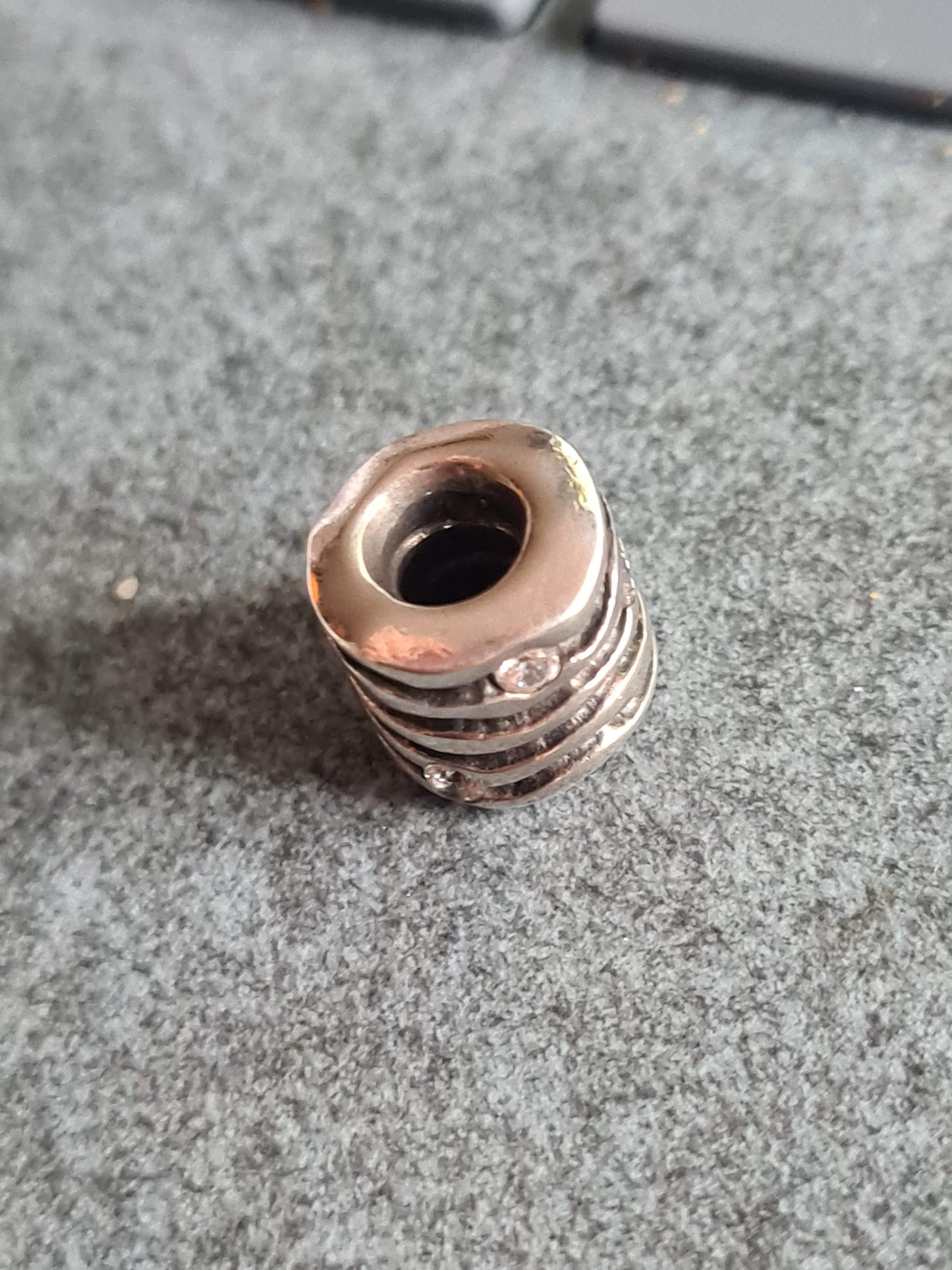 Genuine Pandora Wavy Line Oxidised Cz Clear Stone Barrel Charm