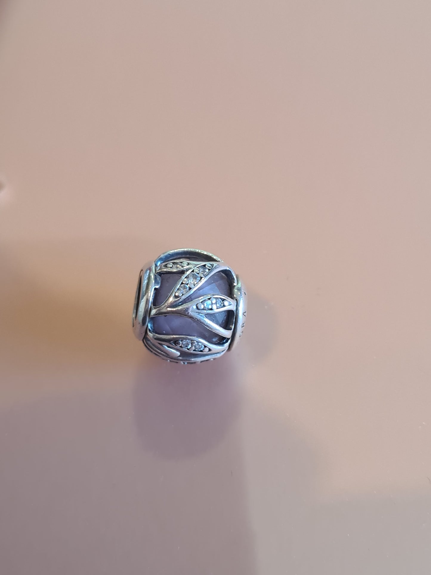 Genuine Pandora Pave Leaf Encasing a Pink Glass Charm