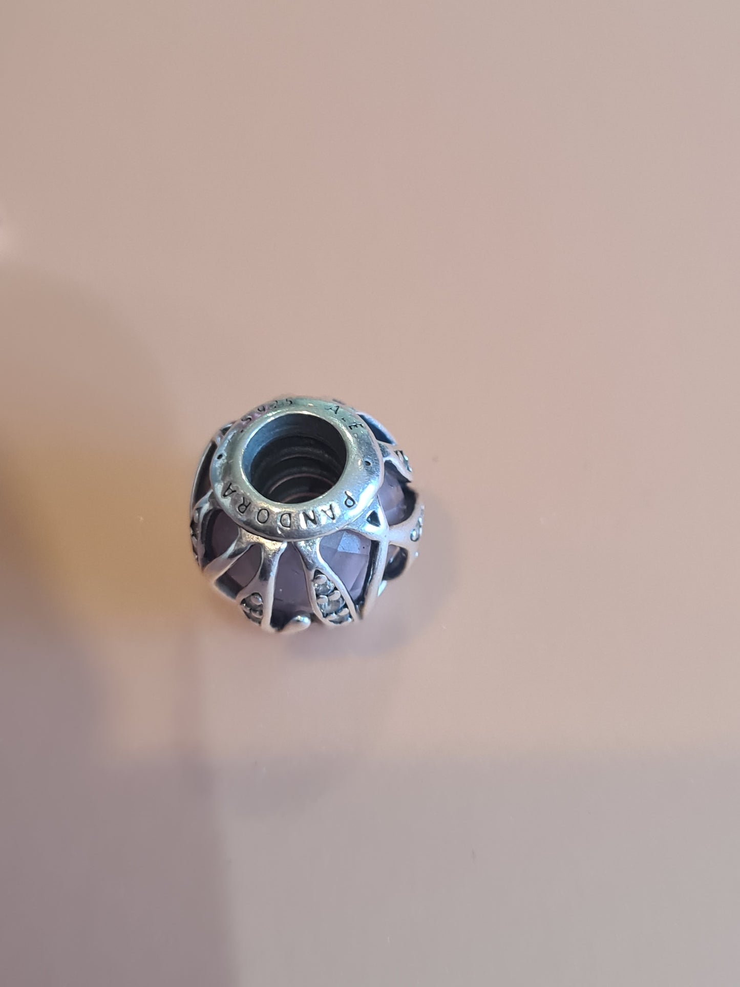 Genuine Pandora Pave Leaf Encasing a Pink Glass Charm