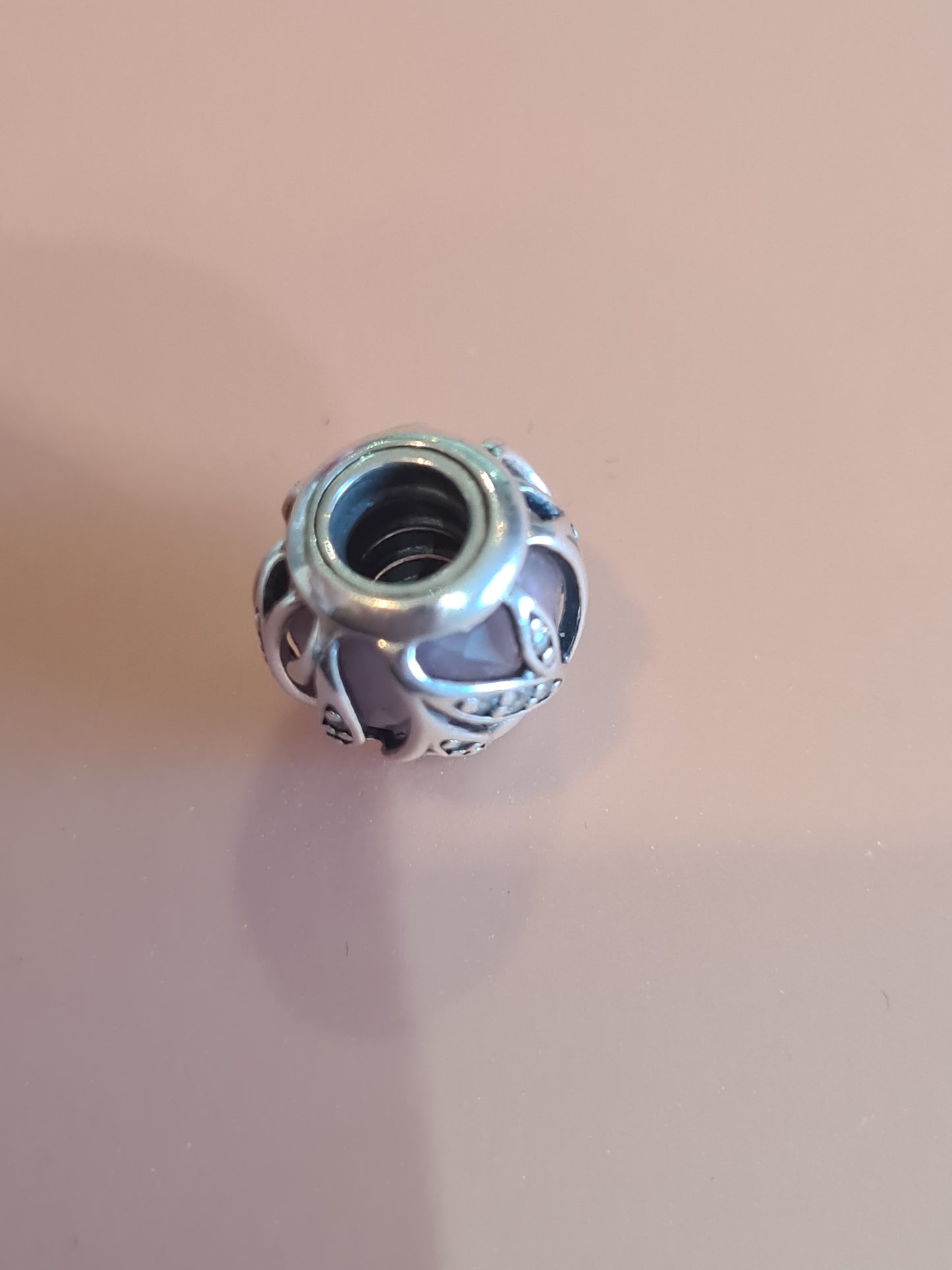 Genuine Pandora Pave Leaf Encasing a Pink Glass Charm